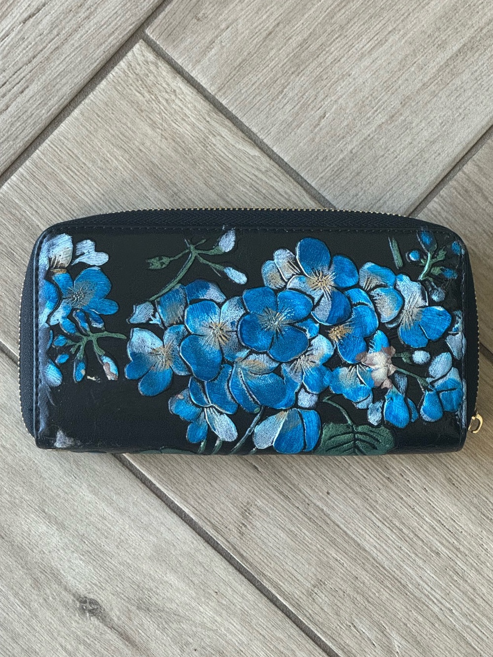 Black Long Leather Wallet with Blue Embossed (risen) Floral Accents